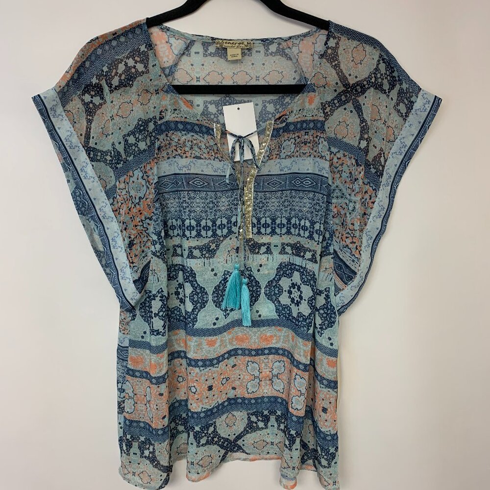 Energe Blouse Womens Semi Sheer Sequins Relaxed Fit Causal Multi Print SZ M